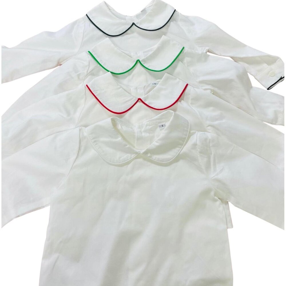 UNISEX-Long Sleeve White Cotton Shirt with Peter Pan Collar with RED TRIM - Picture 1 of 5